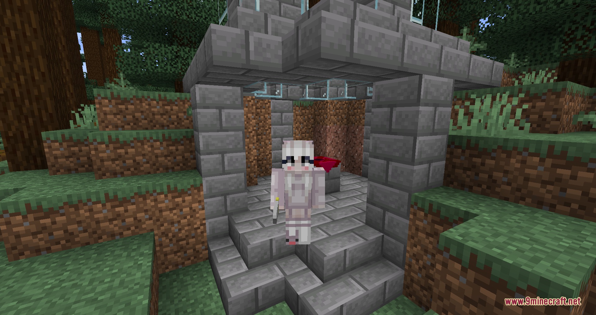 Re Zero Experience by Zoomerreid Mod Screenshot 2 A character with the Emilia skin standing near a stone Offering Altar in Minecraft
