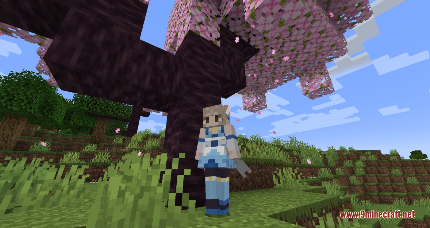Re Zero Experience by Zoomerreid Mod Screenshot 3 An anime character skin stands under a blooming pink cherry blossom tree