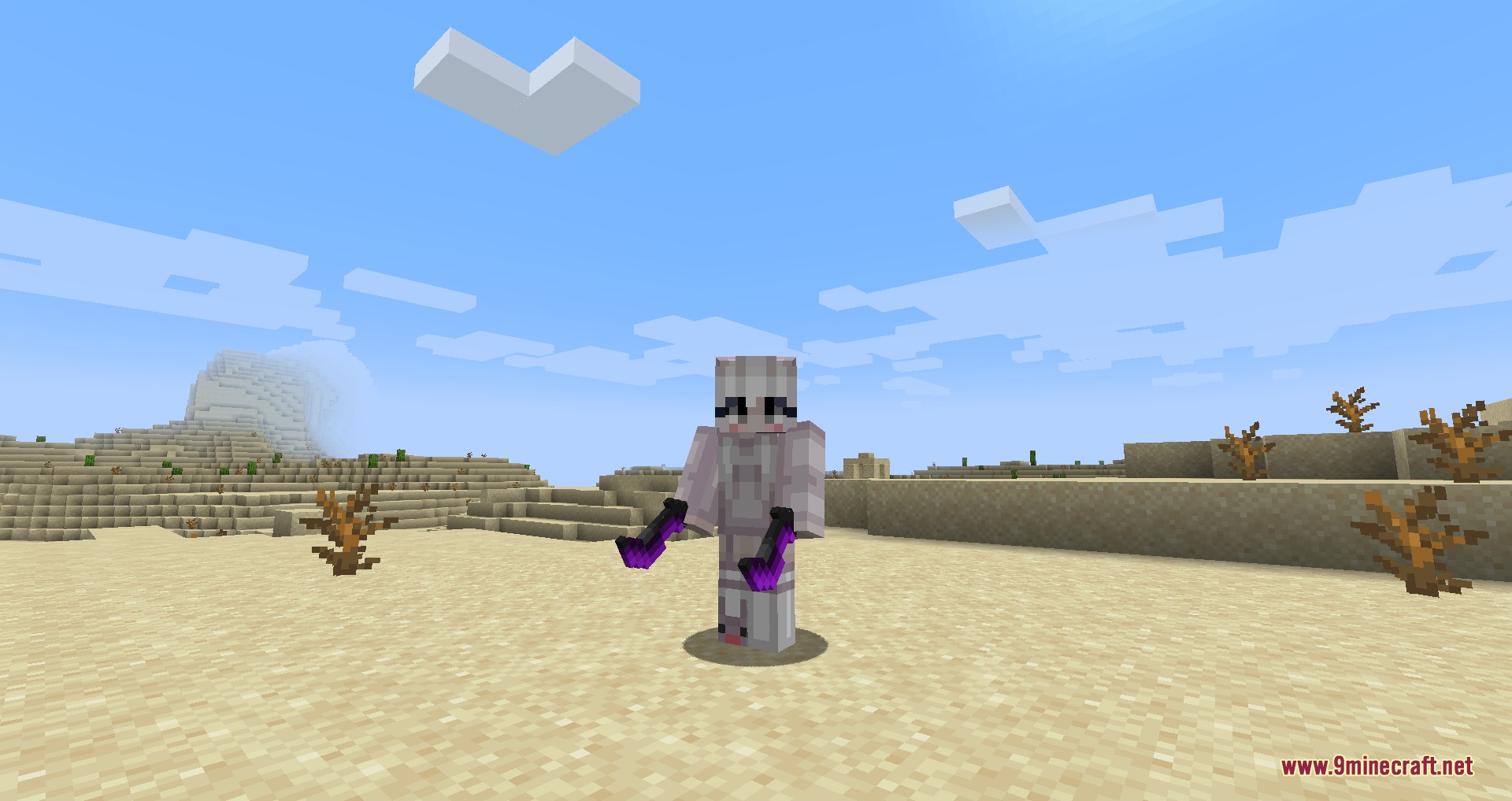 Re Zero Experience by Zoomerreid Mod Screenshot 5 Player character wielding dual purple kukri blades in a vast desert biome
