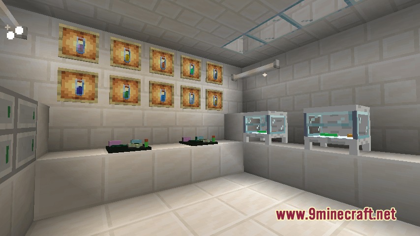 A laboratory room with chemical reagents in item frames and scientific equipment