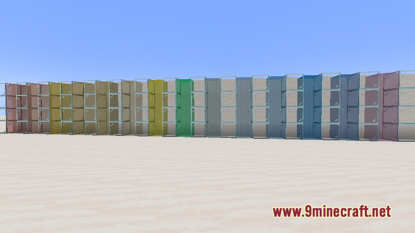 A long row of colorful dyed plastic blocks displayed in a flat world