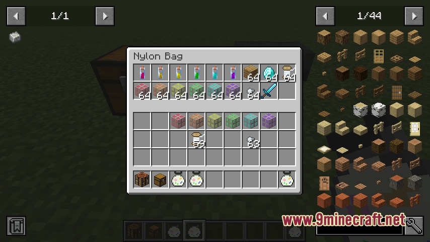 The nylon bag inventory displays various chemical reagents and colorful building blocks