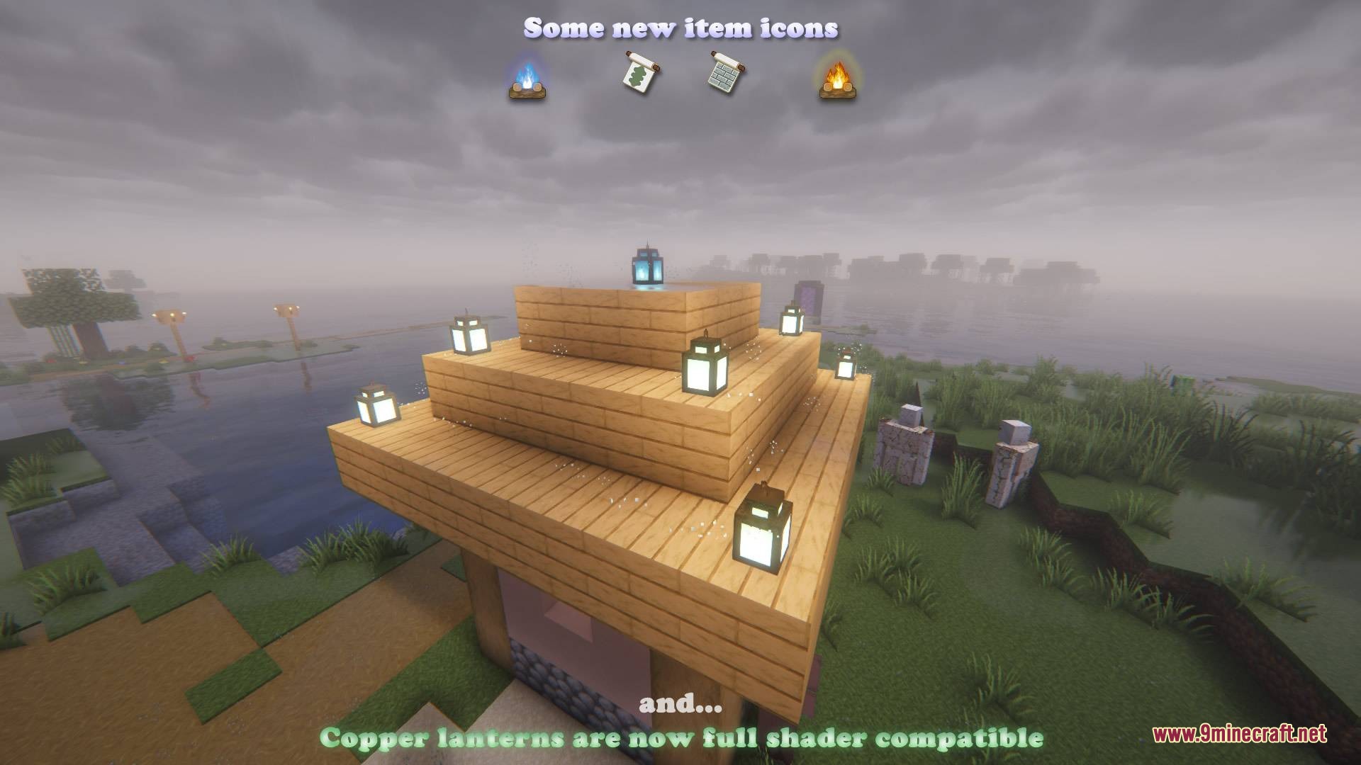 Real Effects 64x Resource Pack Screenshot 1 A wooden structure showcasing glowing copper lanterns and new item icons above