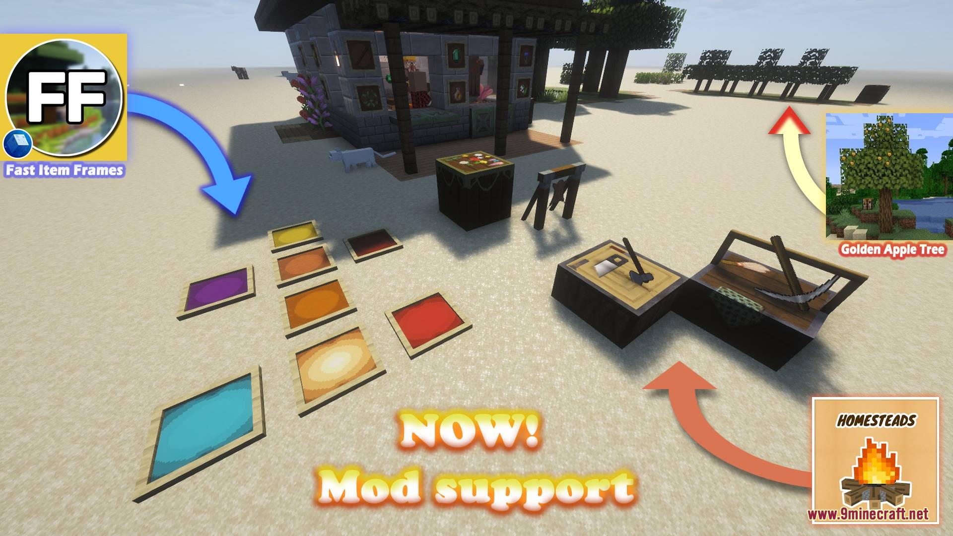 Real Effects 64x Resource Pack Screenshot 3 Minecraft scene showing custom item frames and crafting stations on sand