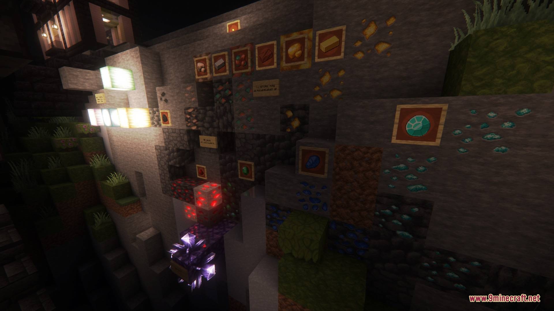 Real Effects 64x Resource Pack Screenshot 5 Various detailed ore blocks and item frames on a stone wall