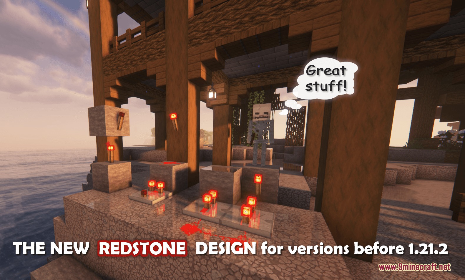 Real Effects 64x Resource Pack Screenshot 6 Redstone components and torches placed on stone blocks with a skeleton