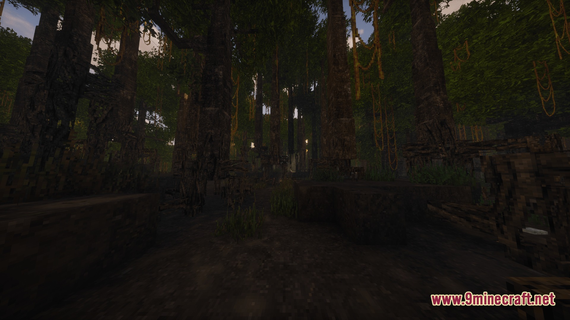 Real Realistic World Realistic Modpack Screenshot 10 A dense swamp biome featuring large trees with hanging vines and realistic water textures