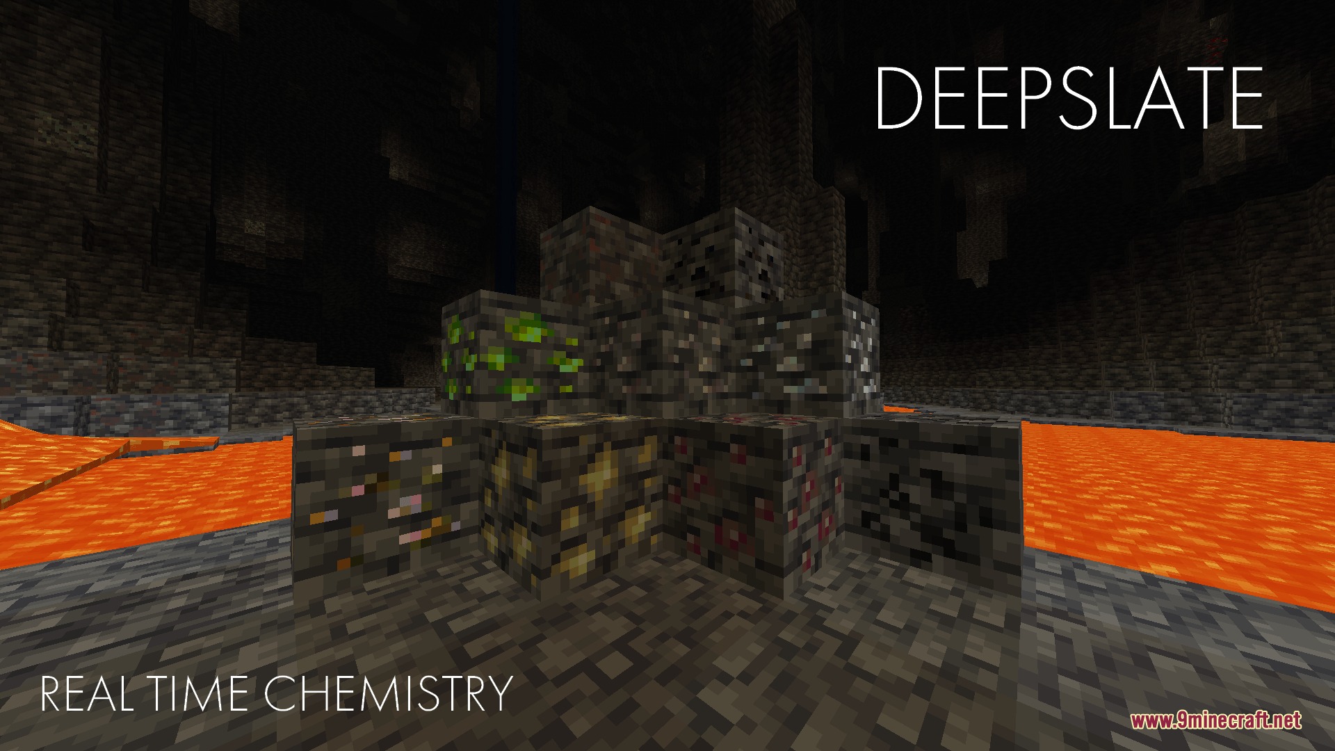 Real Time Chemistry 2 RTC2 Mod Screenshot 4 Rare chemical ores embedded in deepslate blocks within a dark underground cave