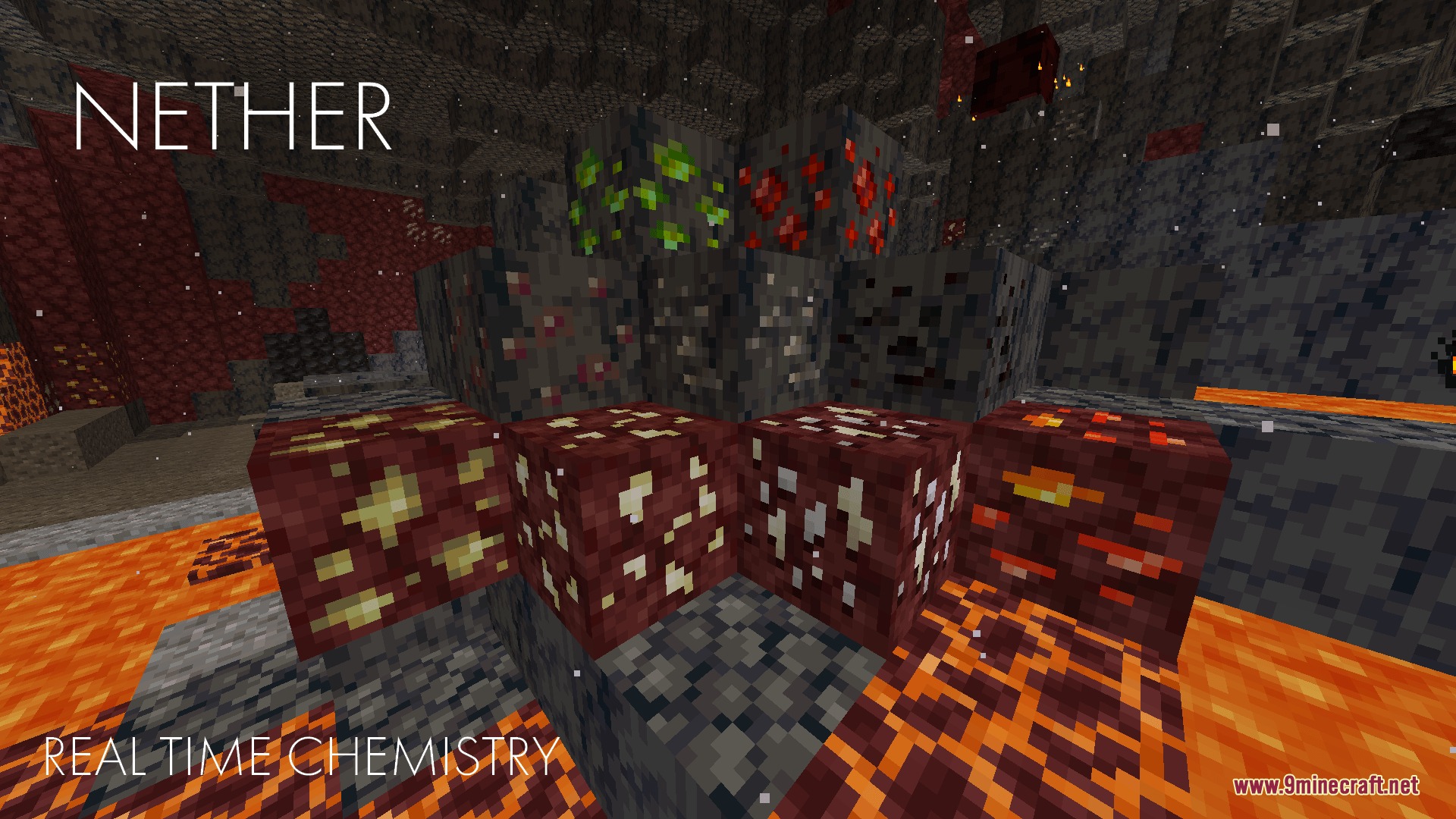Real Time Chemistry 2 RTC2 Mod Screenshot 5 Various colorful ores embedded in netherrack and blackstone within the Nether dimension