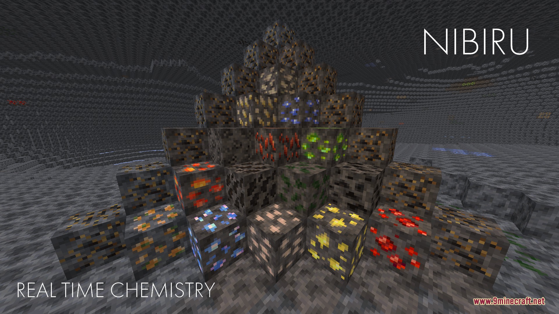 Real Time Chemistry 2 RTC2 Mod Screenshot 6 A pyramid of diverse alien ores stacked in the grey Nibiru dimension