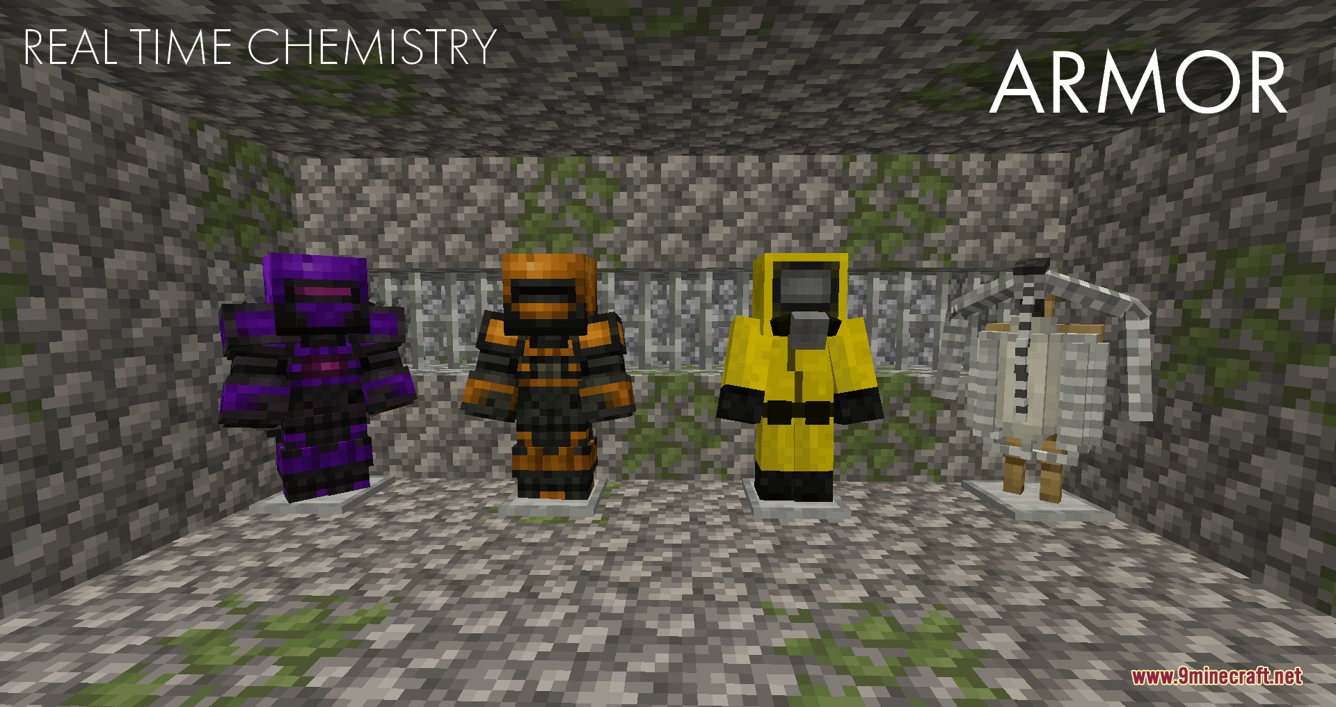 Real Time Chemistry 2 RTC2 Mod Screenshot 8 Four sets of protective armor and hazmat suits displayed on armor stands