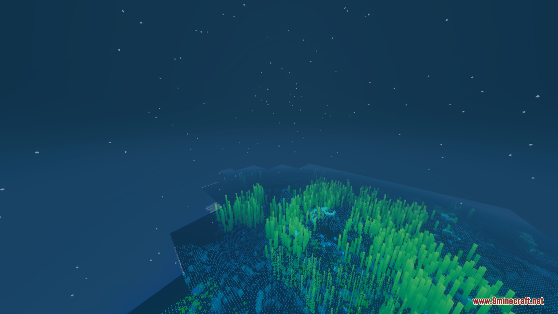 Bright blue night vision filter illuminates glowing green plants in a dark environment