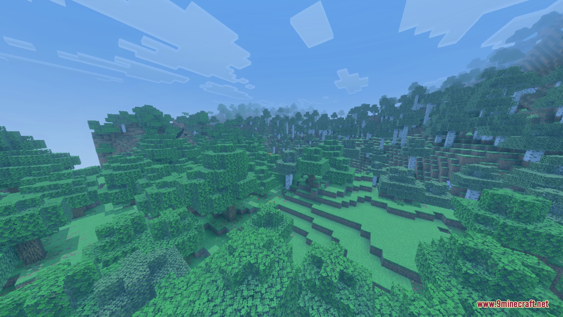Lush Minecraft forest landscape under a bright blue night vision effect