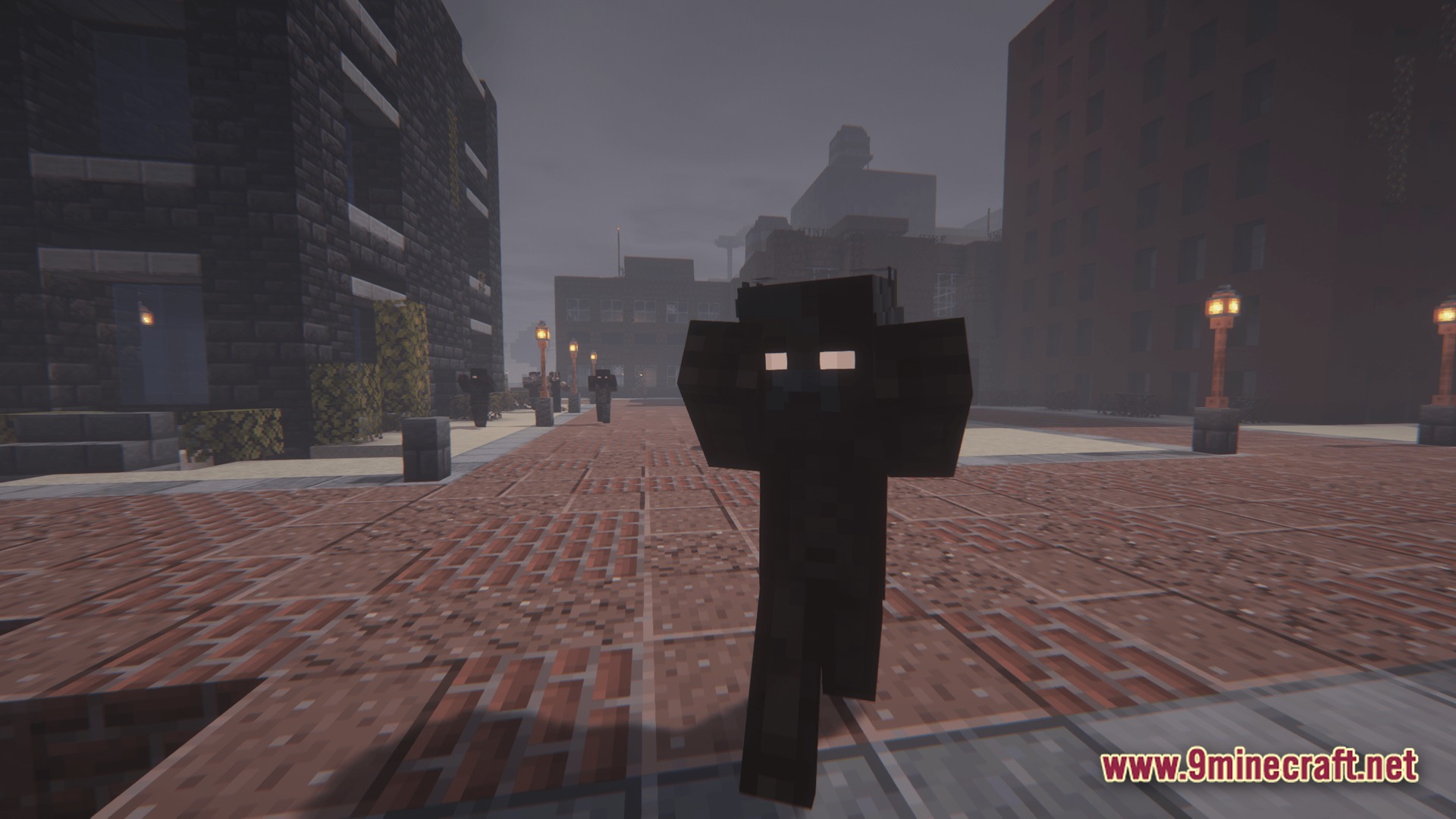 A dark humanoid mob with glowing eyes stands on a brick street in a foggy city