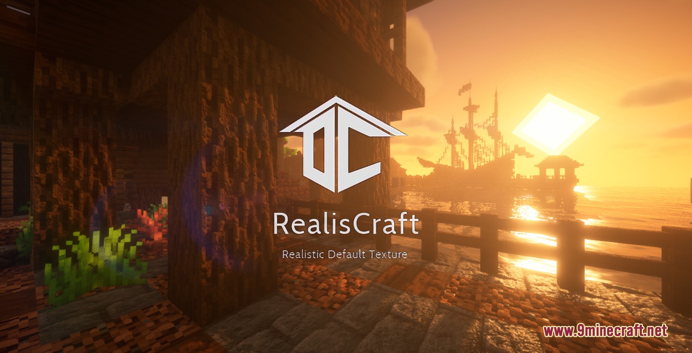 Realis Craft JE Realistic Default Textures Resource Pack Screenshot 1 Detailed wooden dock and ship under a bright sunset with realistic textures