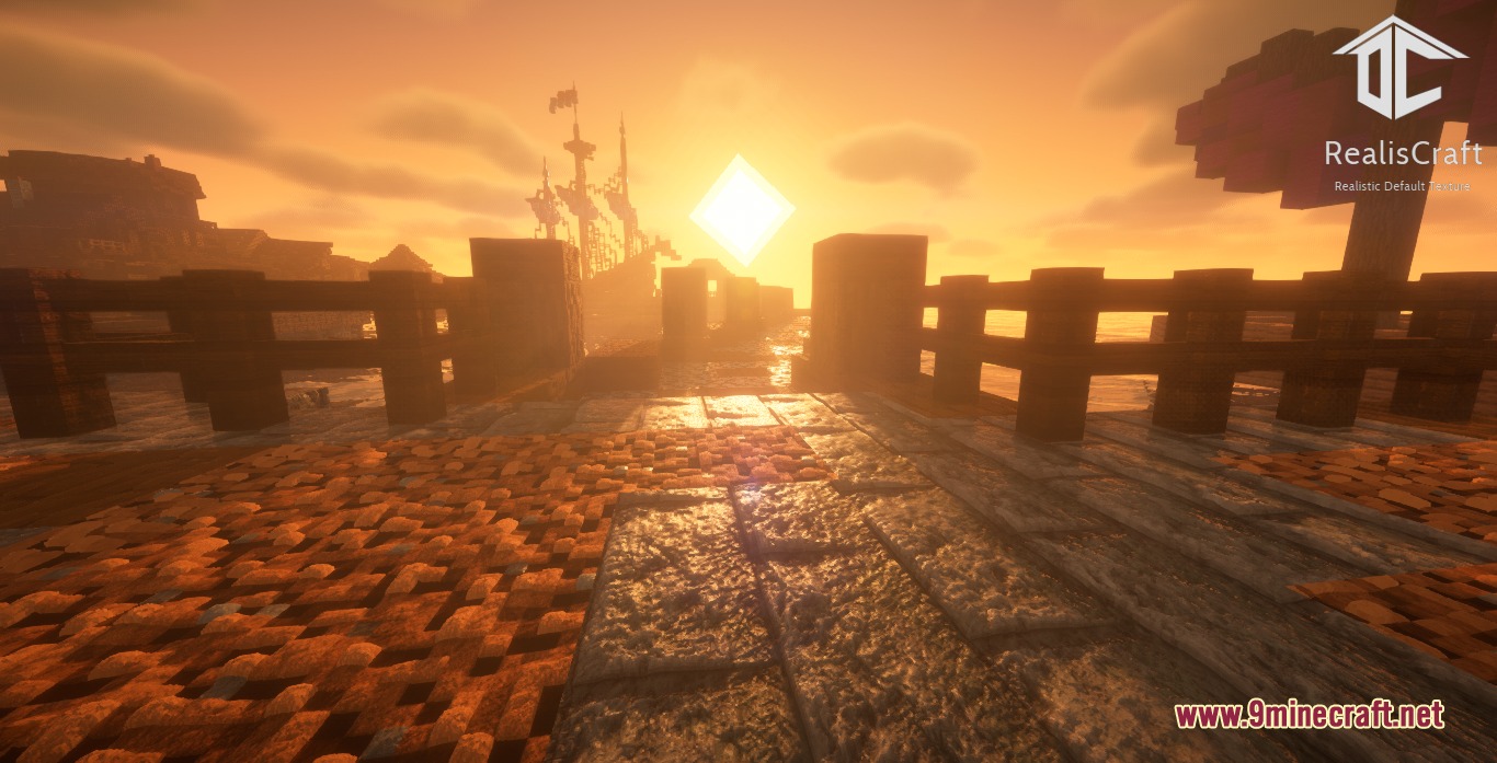 Realis Craft JE Realistic Default Textures Resource Pack Screenshot 2 Realistic stone path reflecting golden sunlight at a harbor during sunset