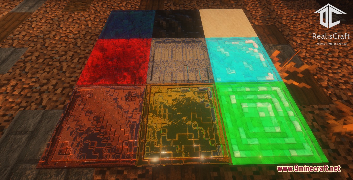 Realis Craft JE Realistic Default Textures Resource Pack Screenshot 3 Grid of colorful blocks showcasing realistic material textures and reflective lighting