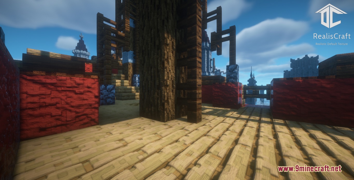Realis Craft JE Realistic Default Textures Resource Pack Screenshot 4 High resolution wooden planks and red walls in a realistic environment
