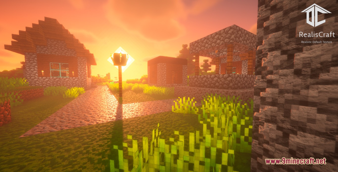 Realis Craft JE Realistic Default Textures Resource Pack Screenshot 6 Sunset over a Minecraft village with enhanced lighting and detailed textures