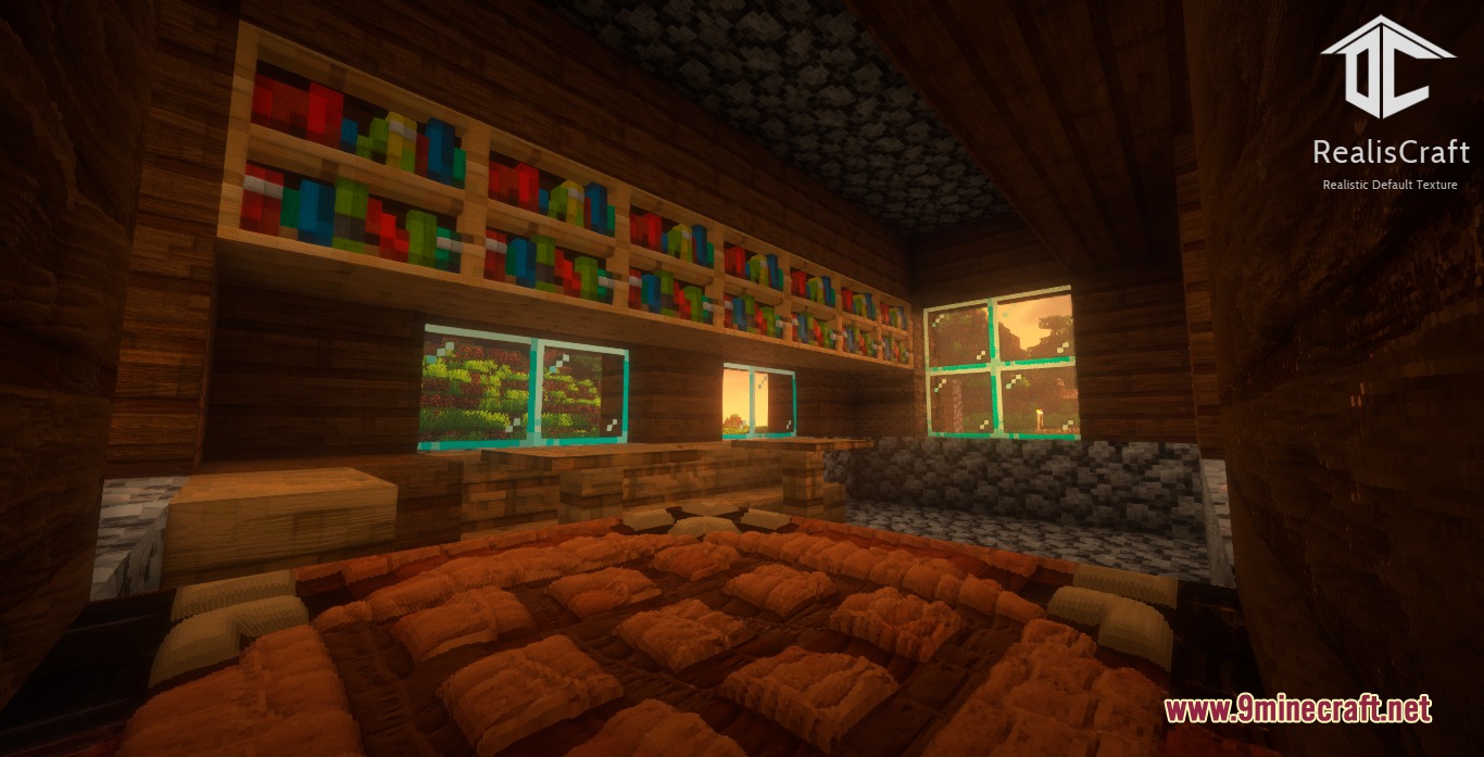 Realis Craft JE Realistic Default Textures Resource Pack Screenshot 7 Cozy wooden interior featuring realistic bookshelves and warm sunset light through windows