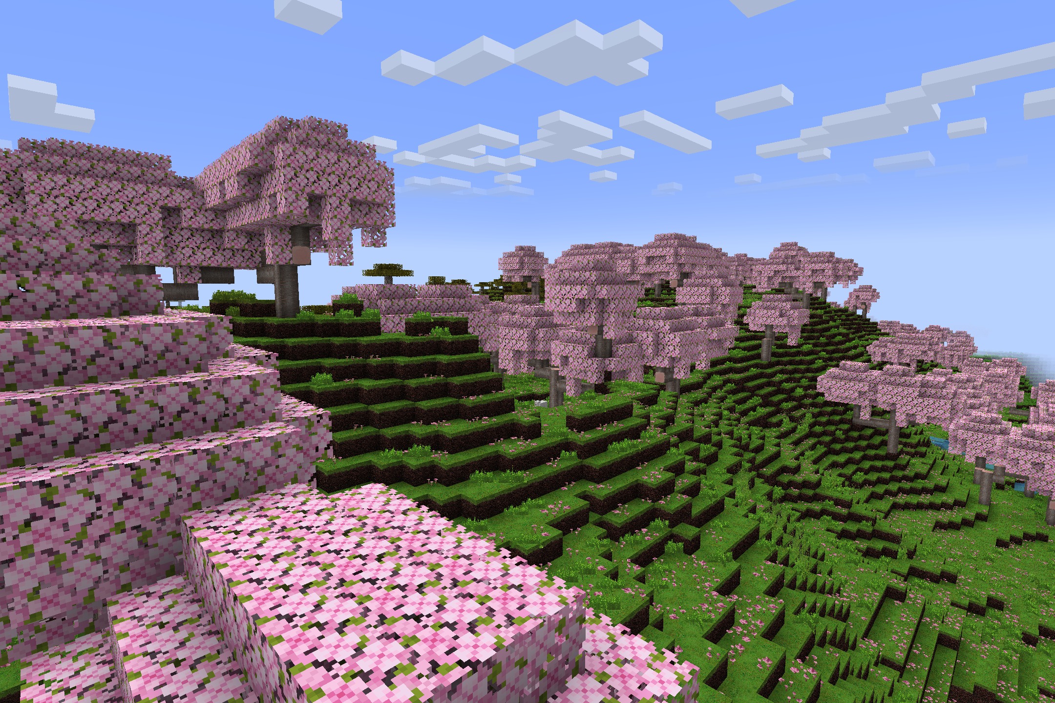 Realism Upscaled Resource Pack Screenshot 1 Lush pink cherry blossom trees and detailed green grass on a hillside