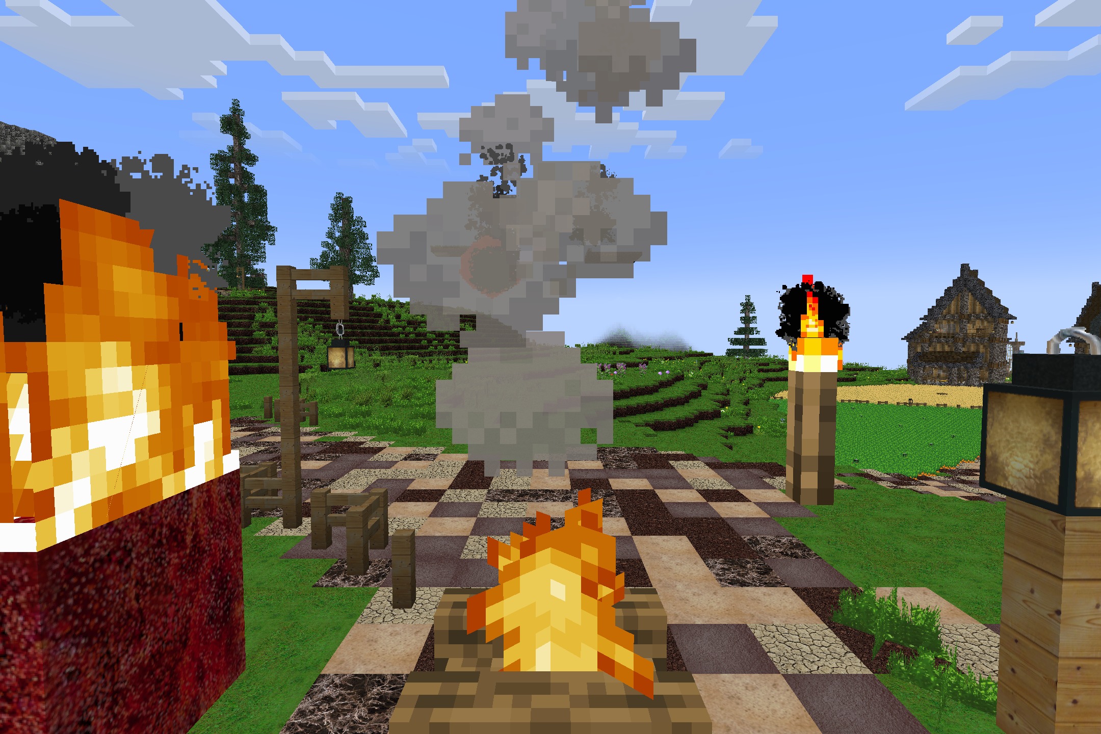 Realism Upscaled Resource Pack Screenshot 8 Detailed campfire and torch textures illuminate a grassy field under a blue sky