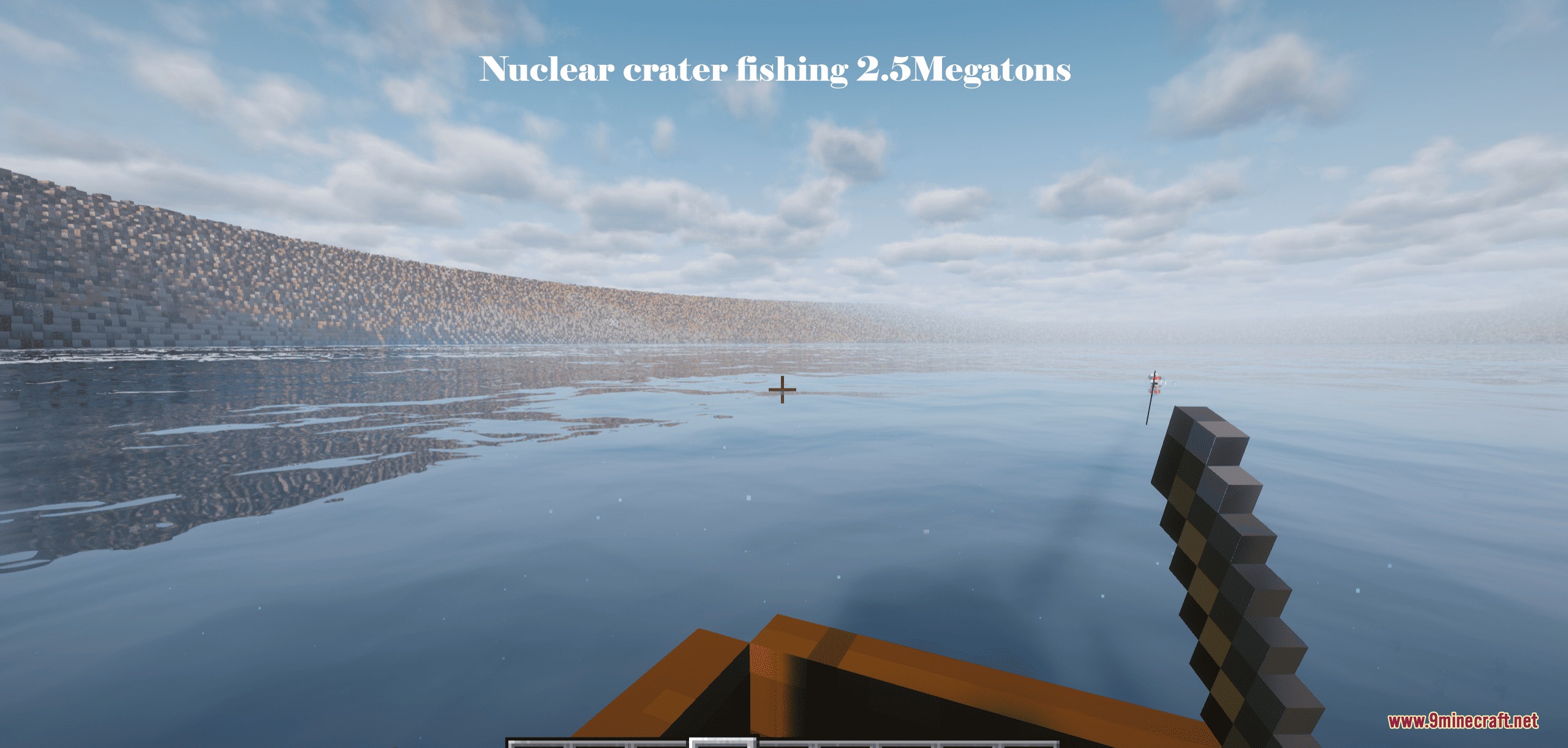 Player fishing from a boat inside a giant lake within a nuclear crater