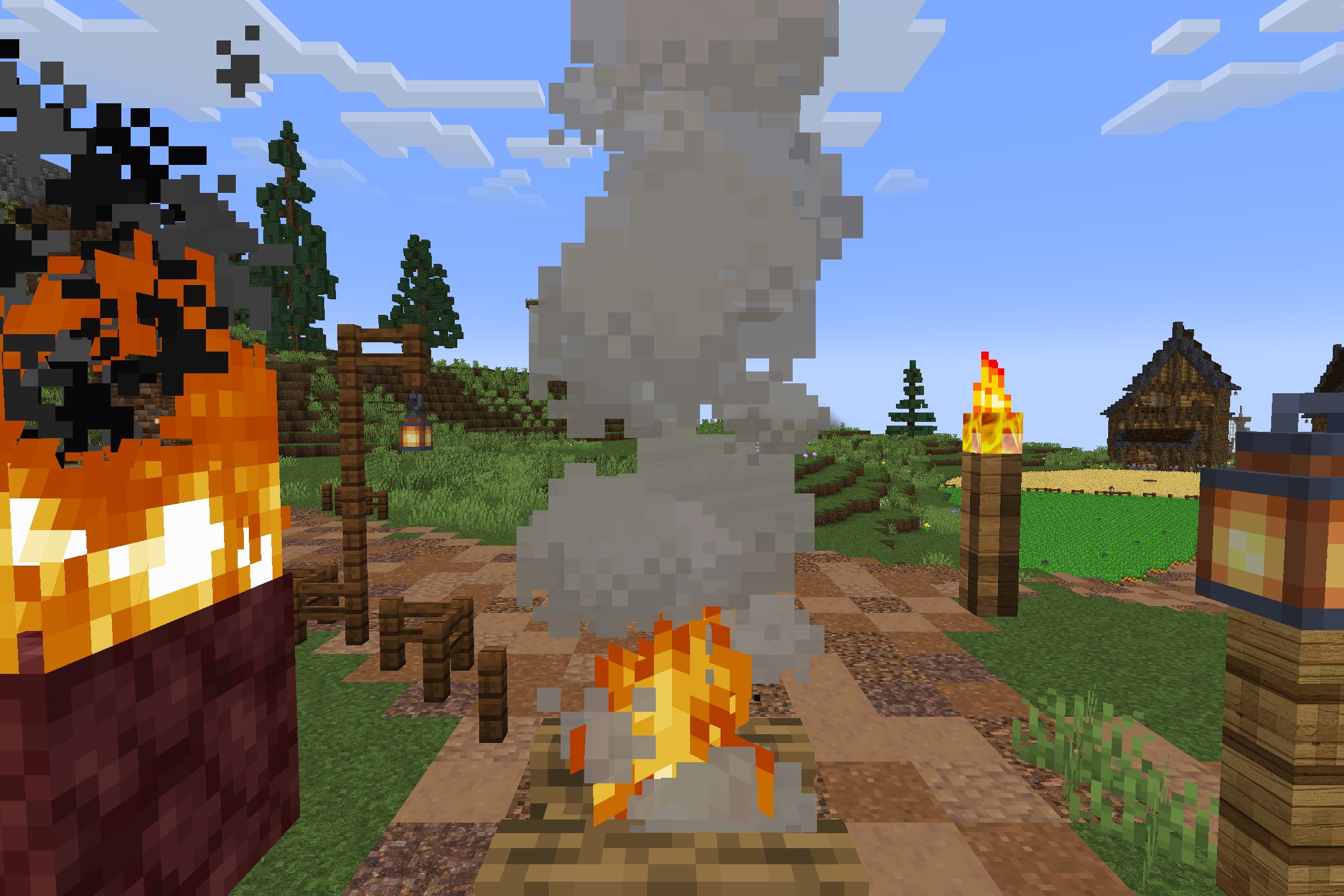 Realtastic X512 PBR POM Resource Pack Screenshot 8 High resolution campfire smoke and detailed block surfaces in a village setting