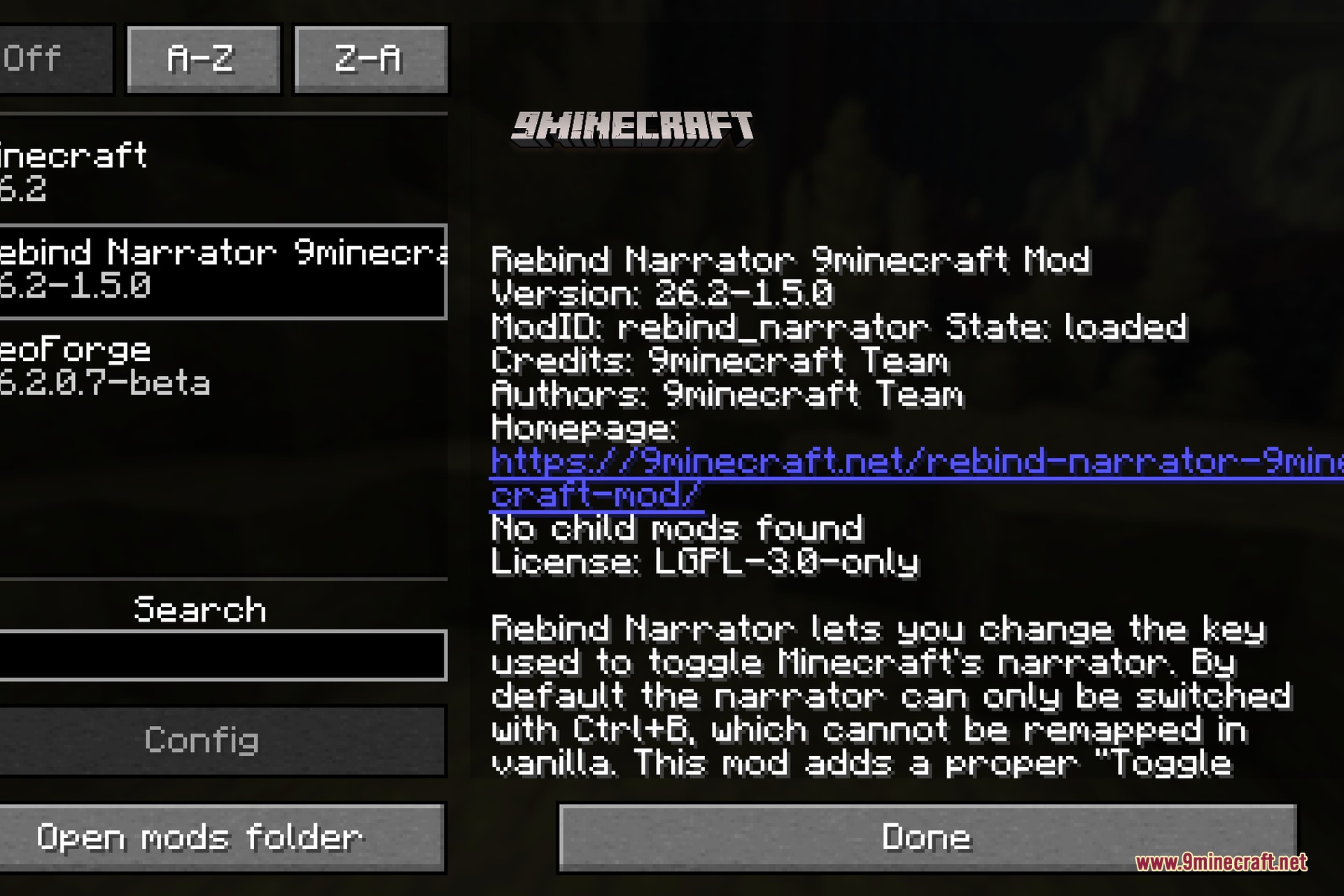 Rebind Narrator 9minecraft Mod Screenshot 1 Minecraft mod menu interface showing description and version for Rebind Narrator mod