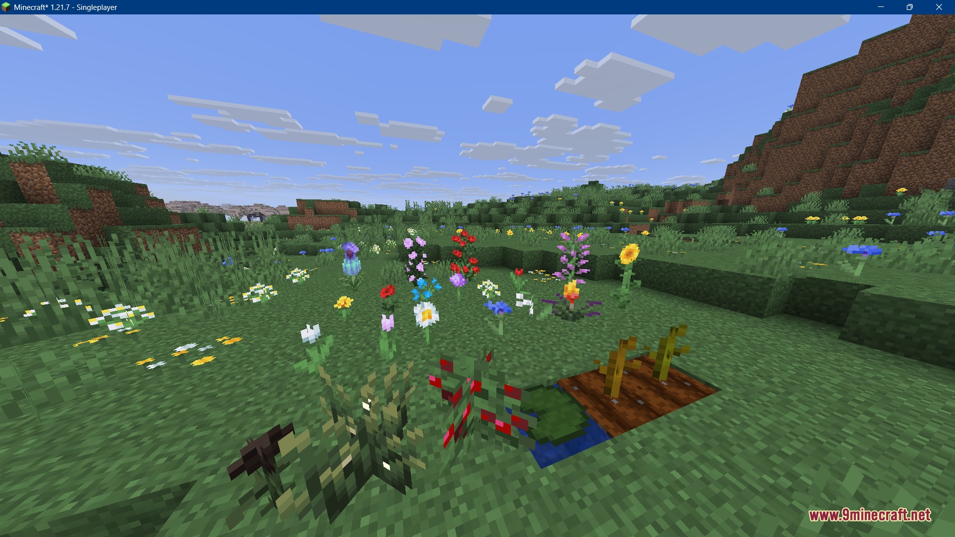 Recolored Plants Resource Pack Screenshot 1 Various Minecraft flowers with stems matching the color of the green grass