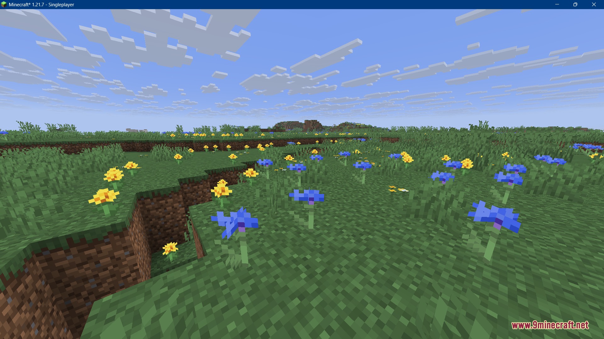Recolored Plants Resource Pack Screenshot 4 Yellow and blue flowers growing in a grassy field with biome matching stems