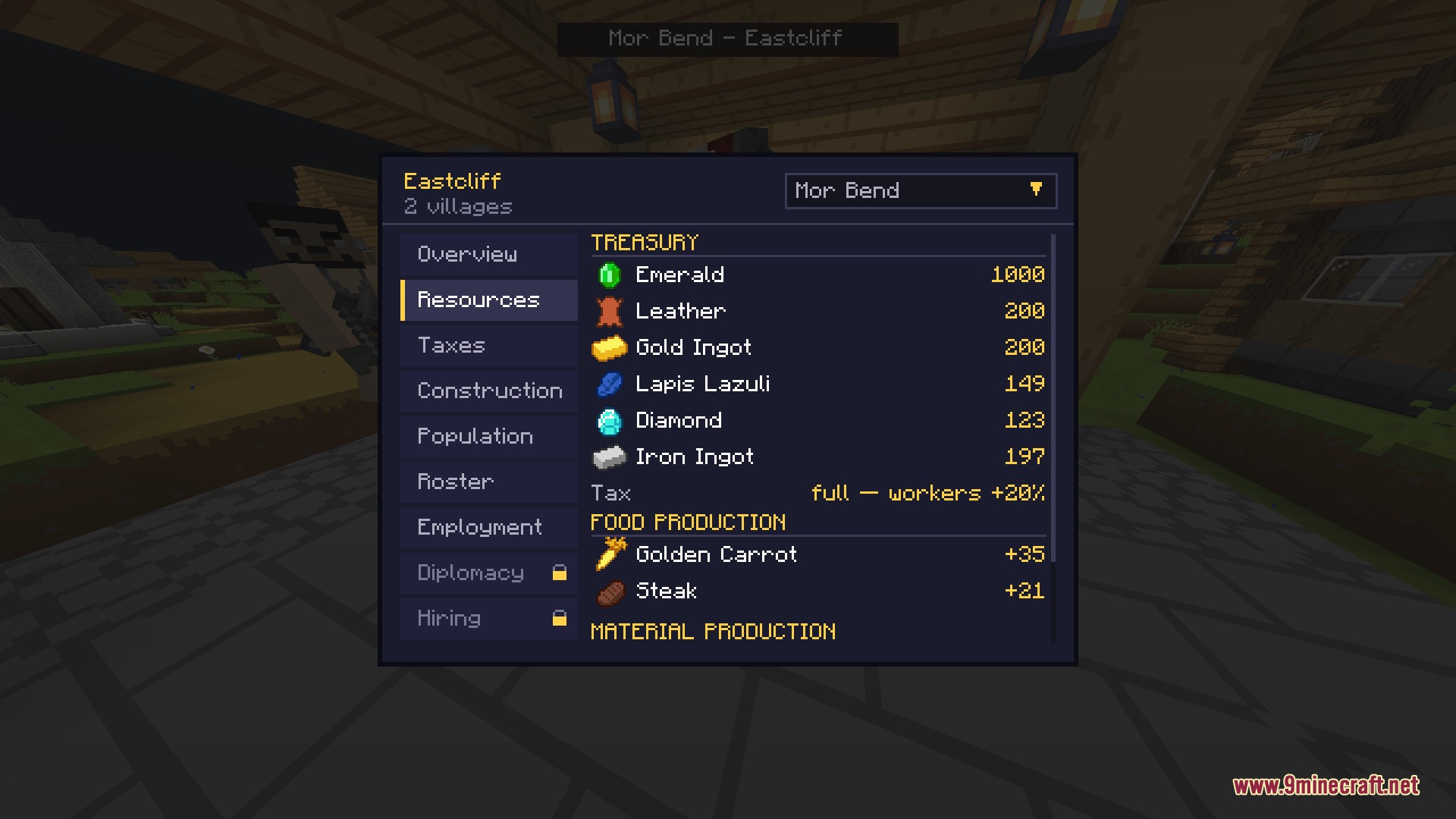 The Recruits Living Villages menu displaying treasury resources and village statistics in game