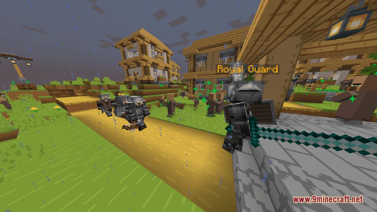 A Royal Guard in heavy armor stands near villagers in a rainy settlement
