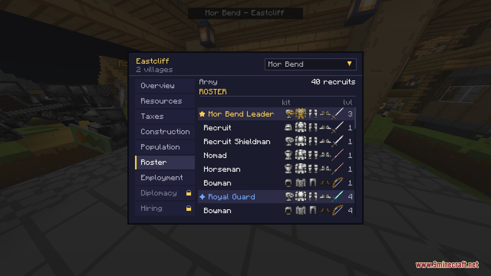 A custom menu interface displaying the army roster for Recruits Living Villages mod