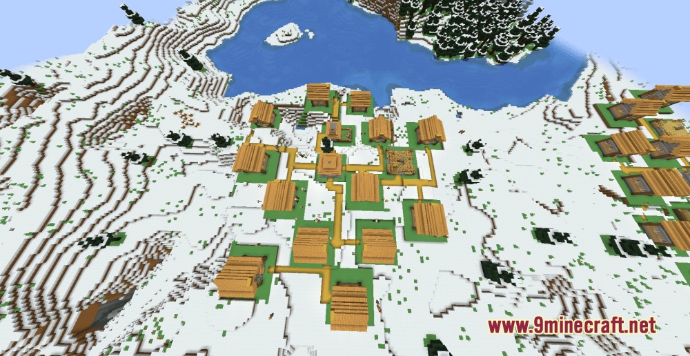 An aerial view of a snowy village with houses connected by paths