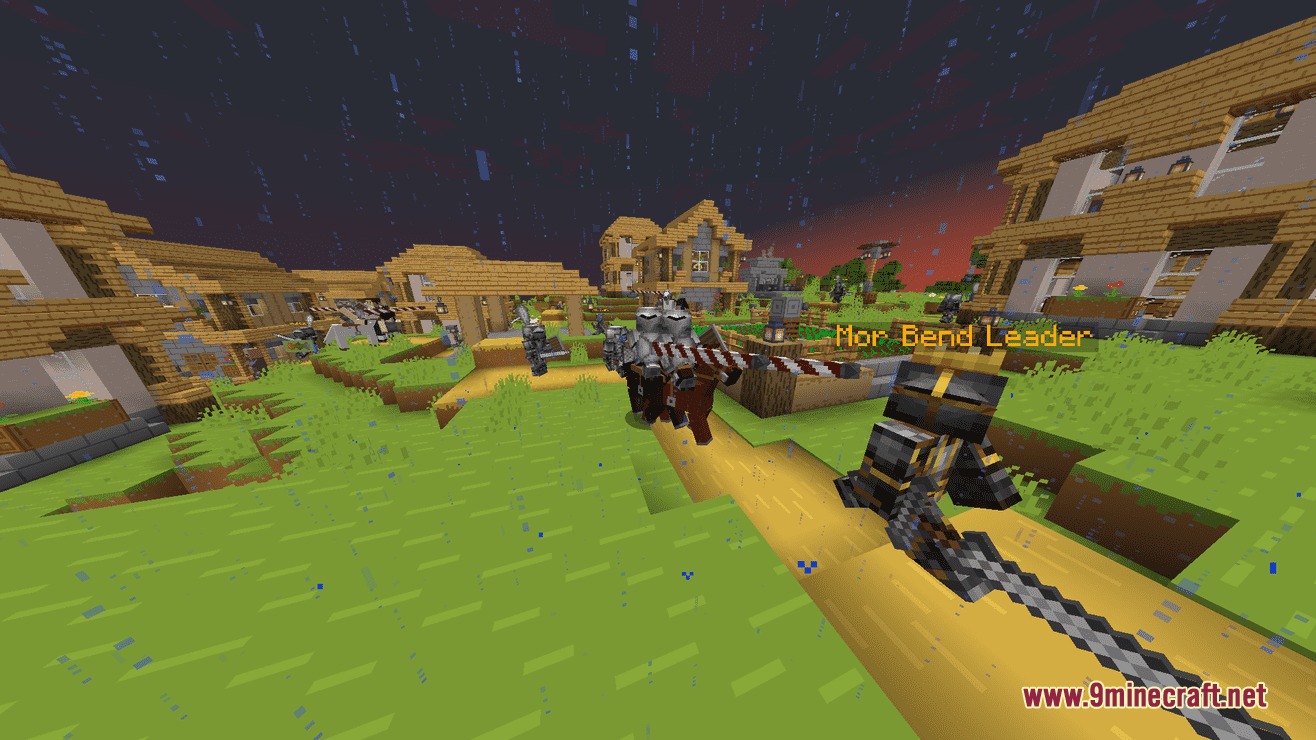 Knights in heavy armor and a leader on horseback guard a wooden village