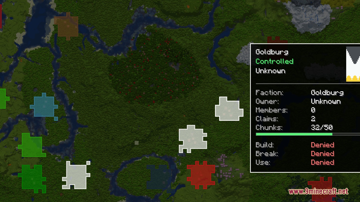 Map view displaying colored faction territories and a detailed settlement information menu overlay