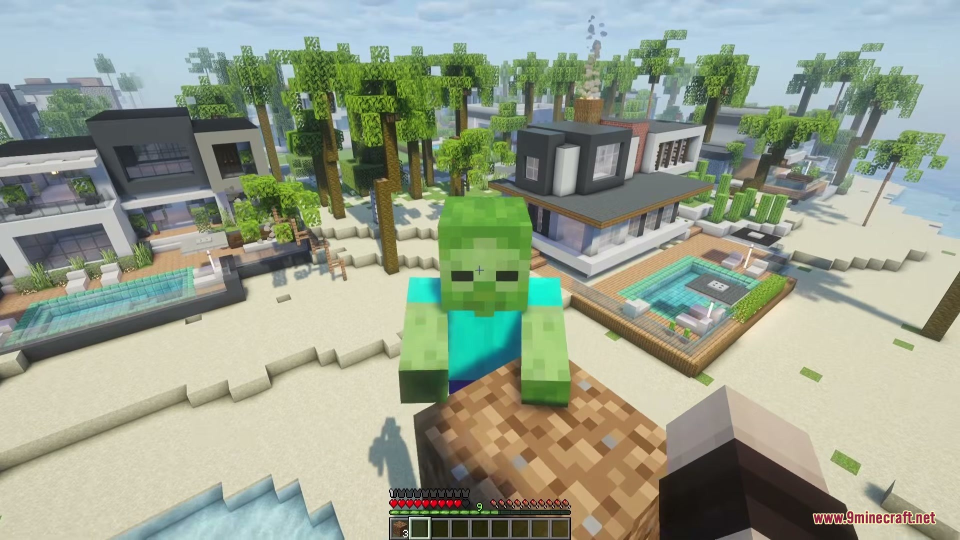 Relentless Undead Mod Screenshot 3 A zombie climbs a dirt pillar to reach a player near beach houses
