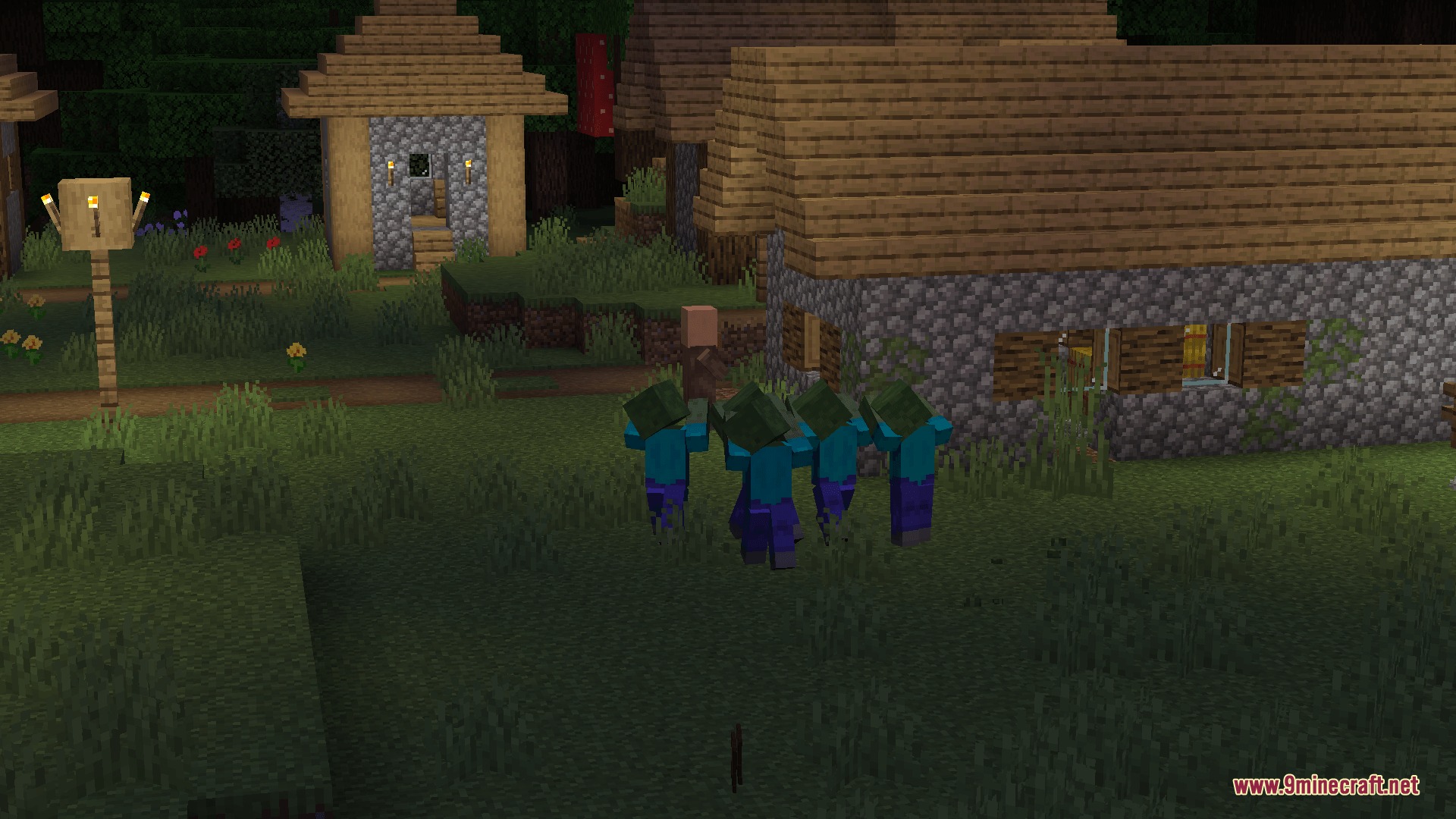 A group of zombies chasing a villager through a village at night