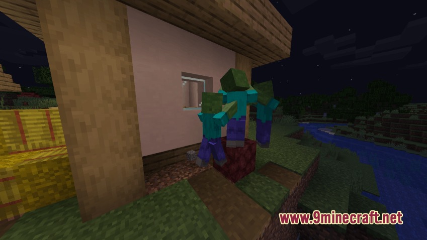 Zombies stacking blocks to reach a window and break into a house