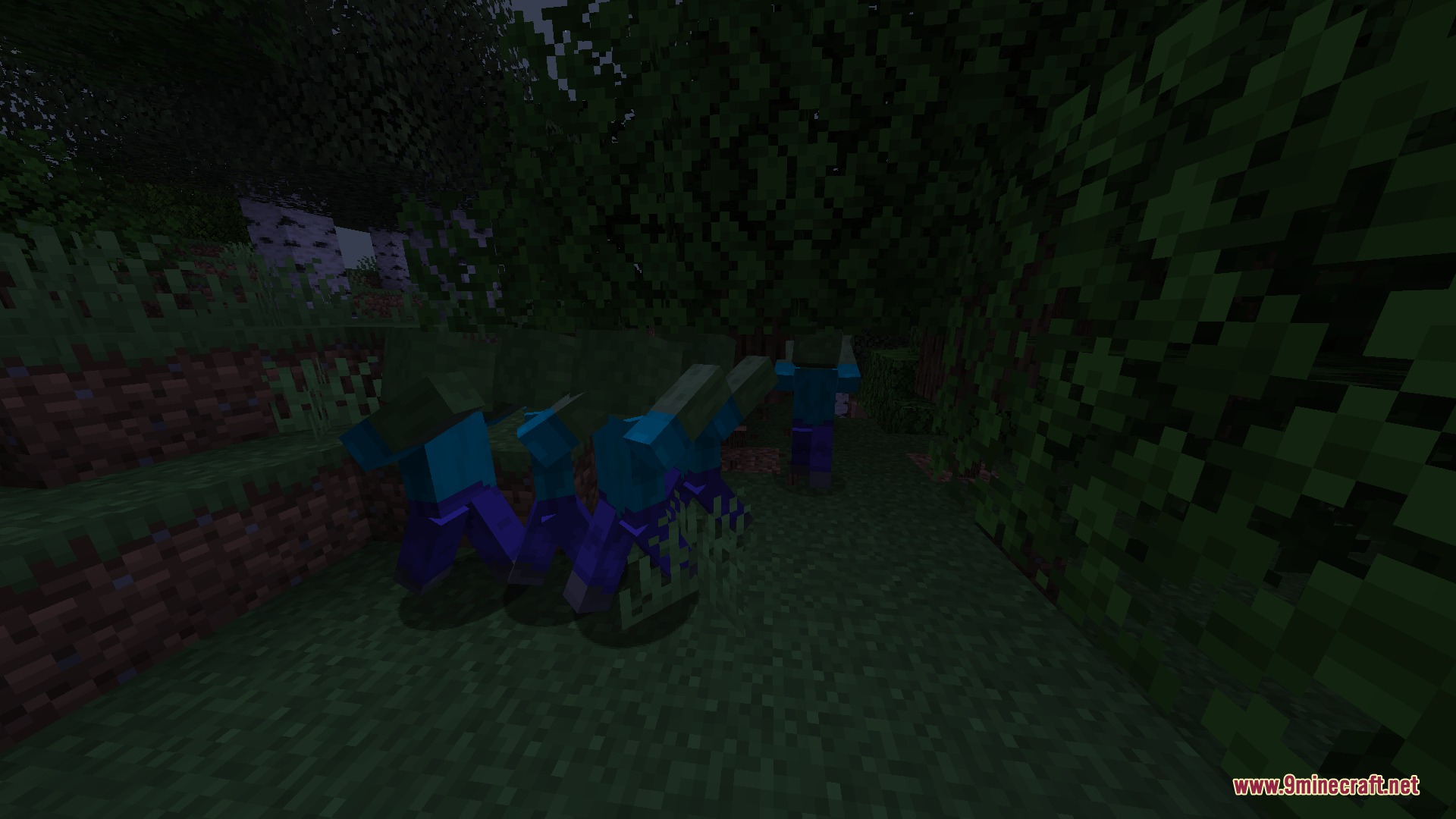 Zombies roaming the dark forest in the Relentless Undead Siege mod
