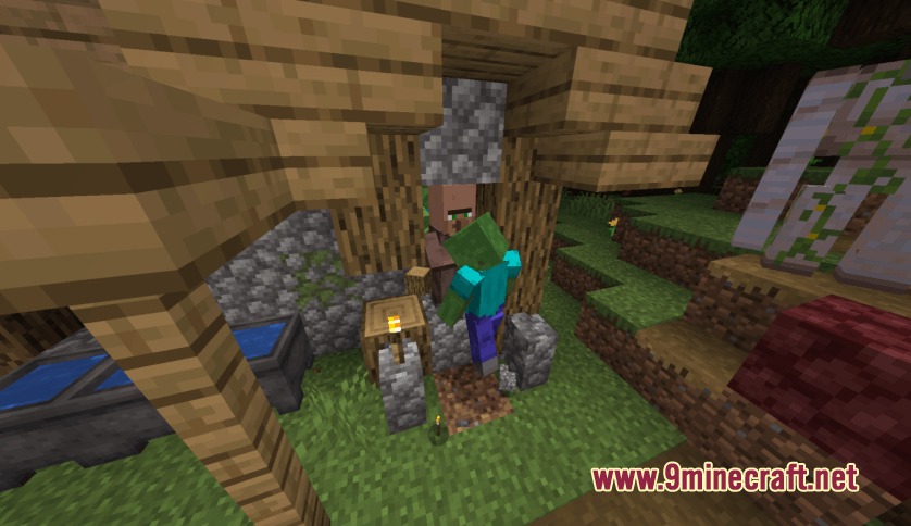 A zombie attacking a villager inside a small wooden village building