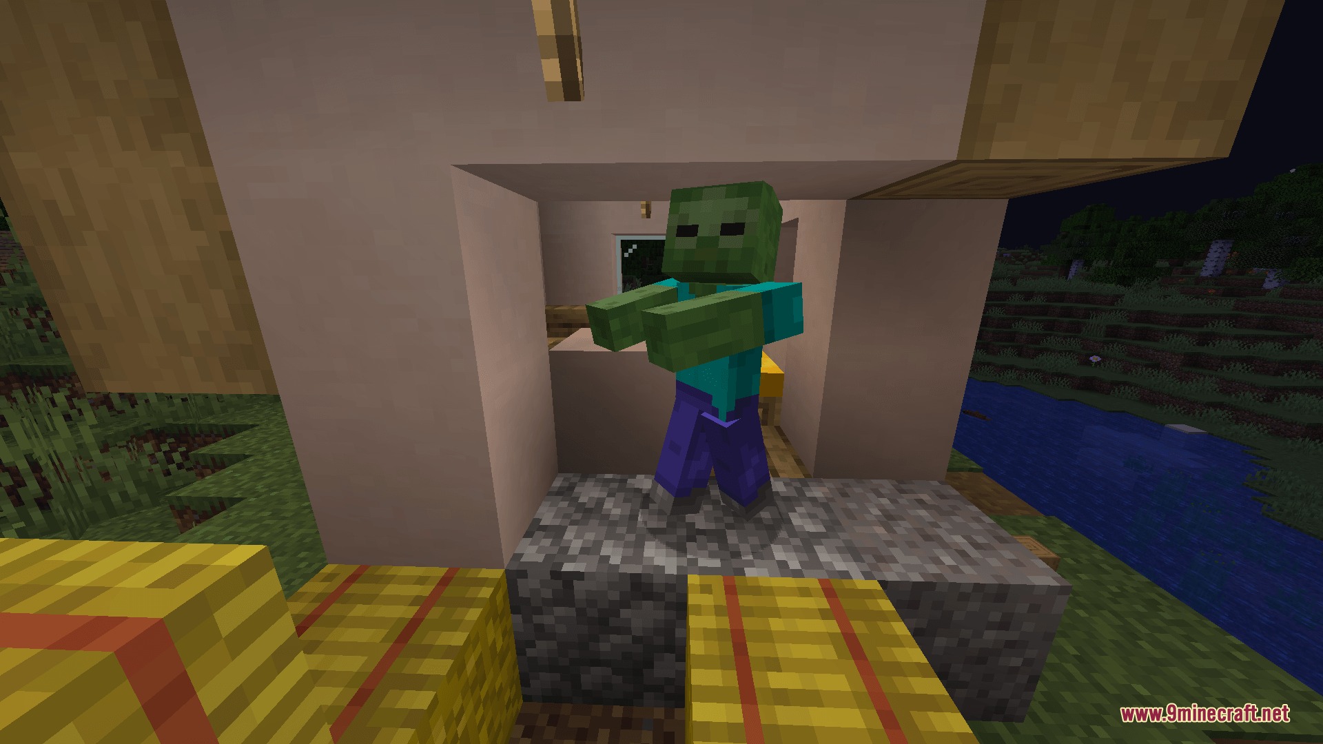 A zombie from Relentless Undead Siege Mod breaks into a house