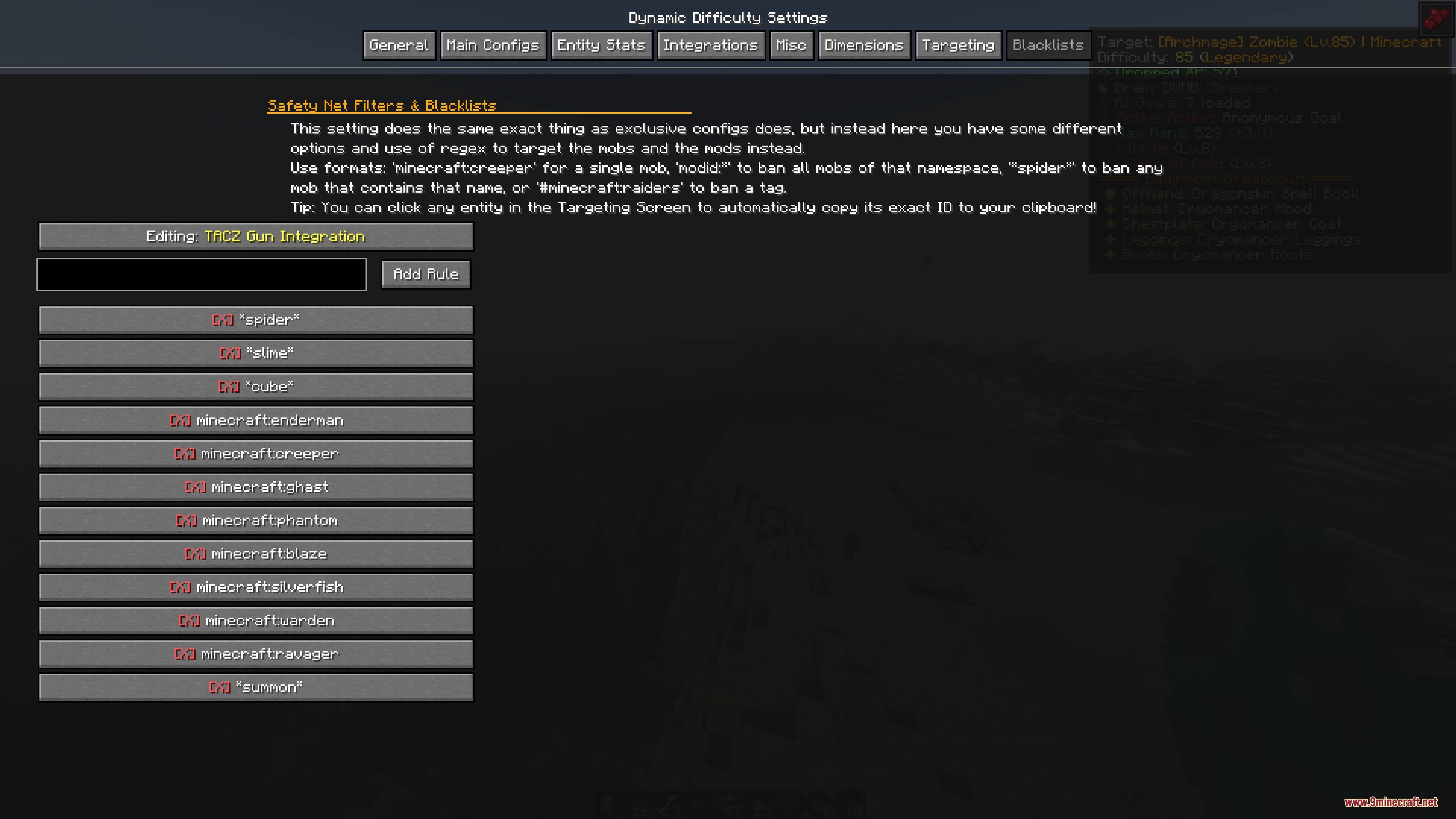 Relentless World Mod Screenshot 2 Configuration menu for dynamic difficulty settings showing mob filters and safety net options