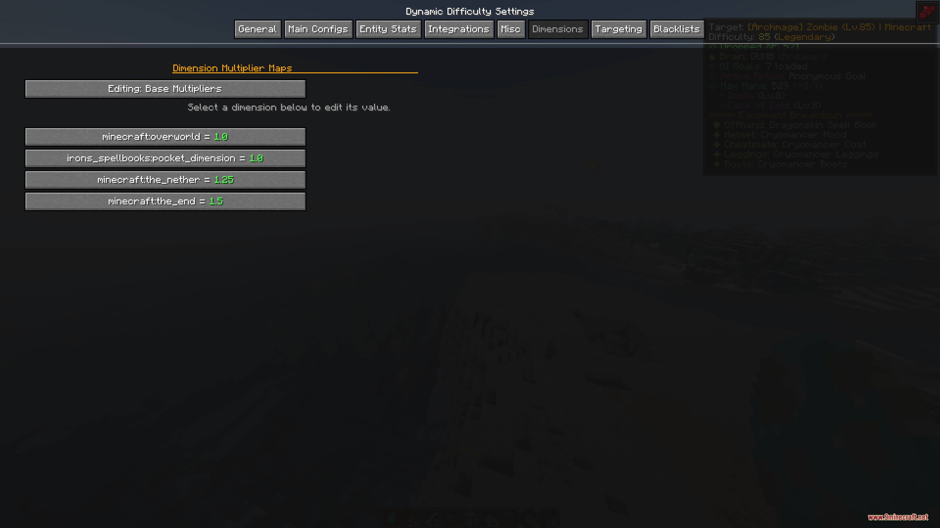 Relentless World Mod Screenshot 4 Interface showing difficulty scaling factors for the overworld nether and end
