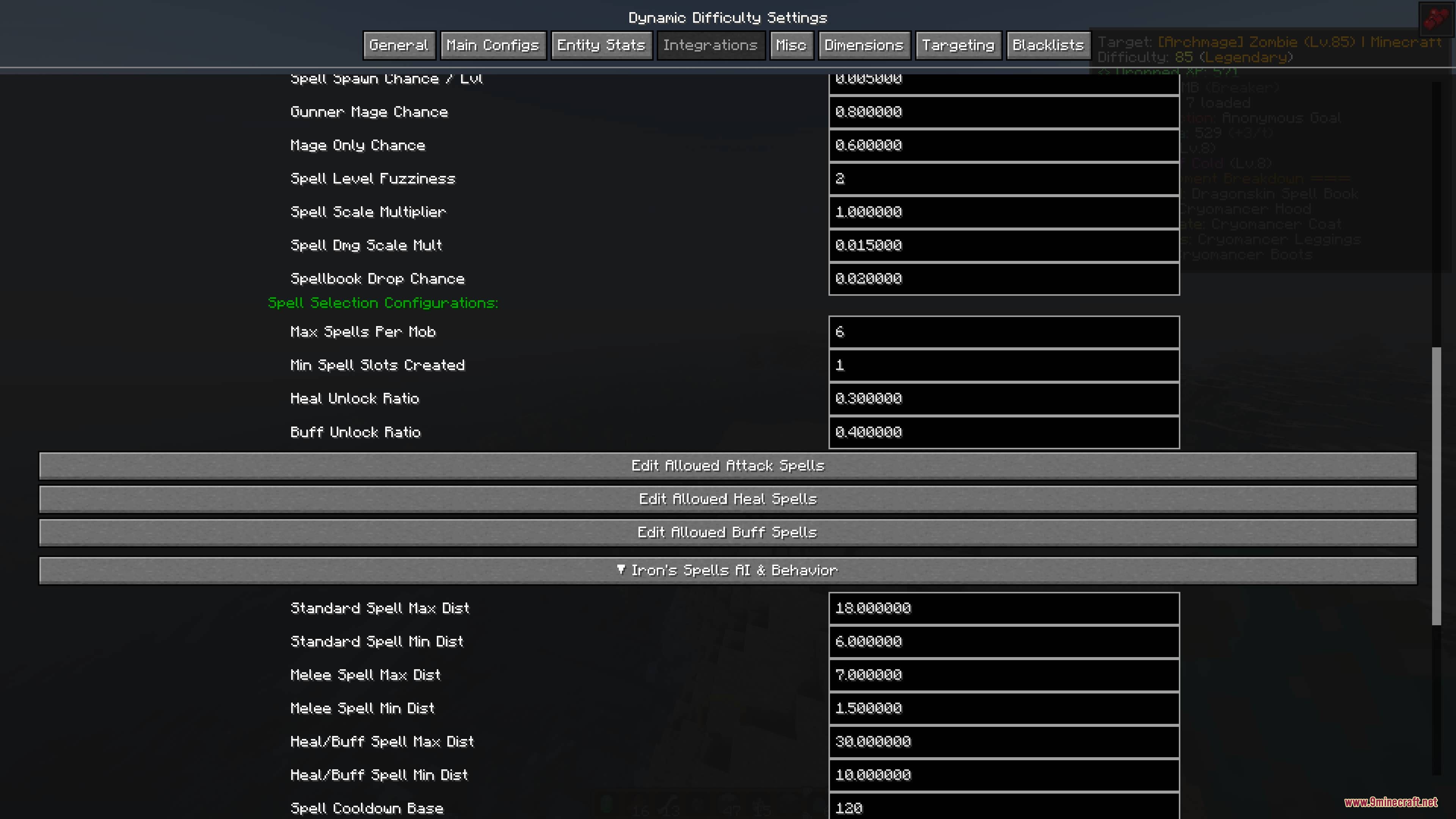 Relentless World Mod Screenshot 5 Relentless World mod menu displaying spell spawn chances and AI behavior settings