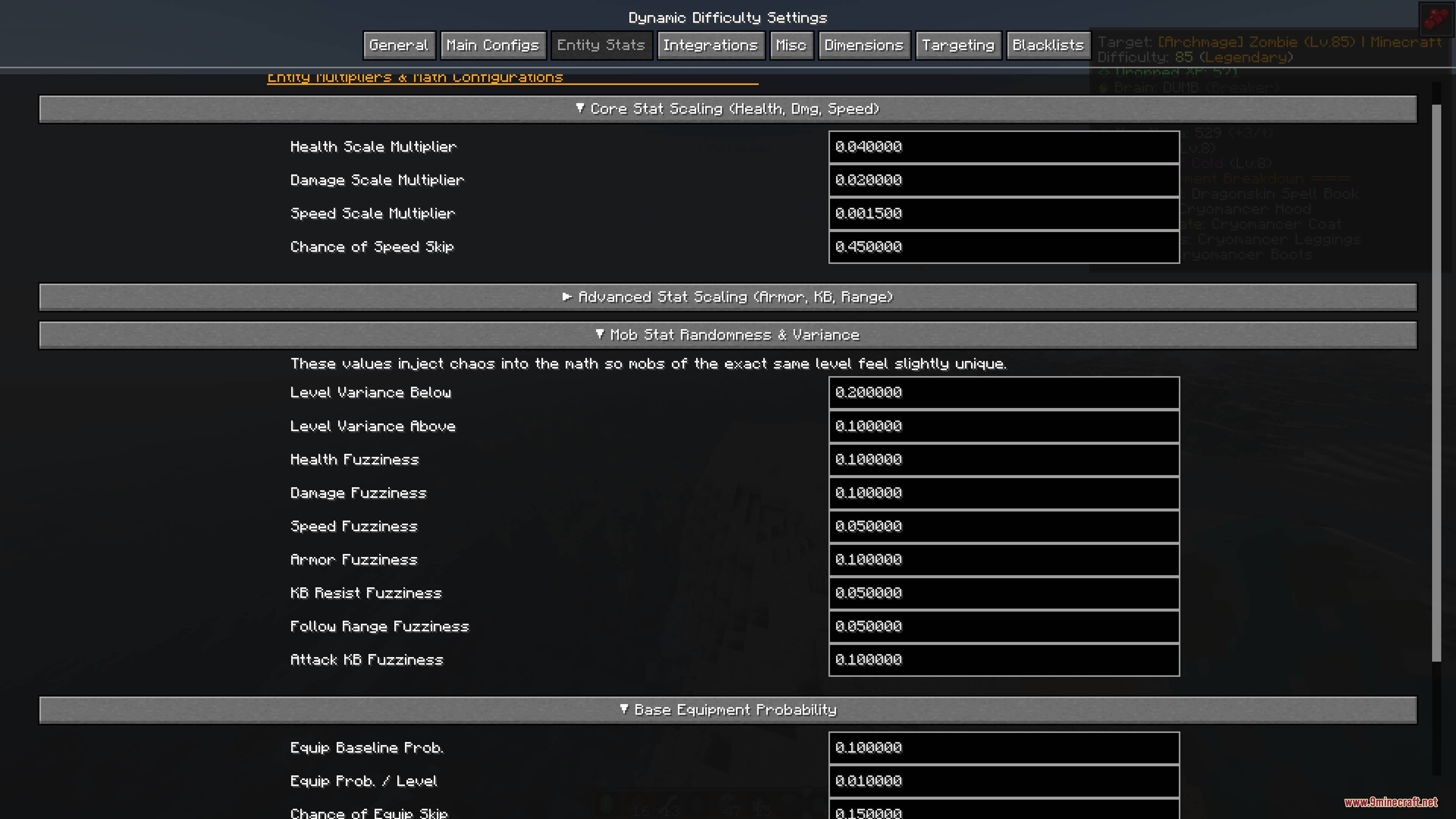 Relentless World Mod Screenshot 6 Configuration screen for health damage and speed scaling of mobs in Minecraft