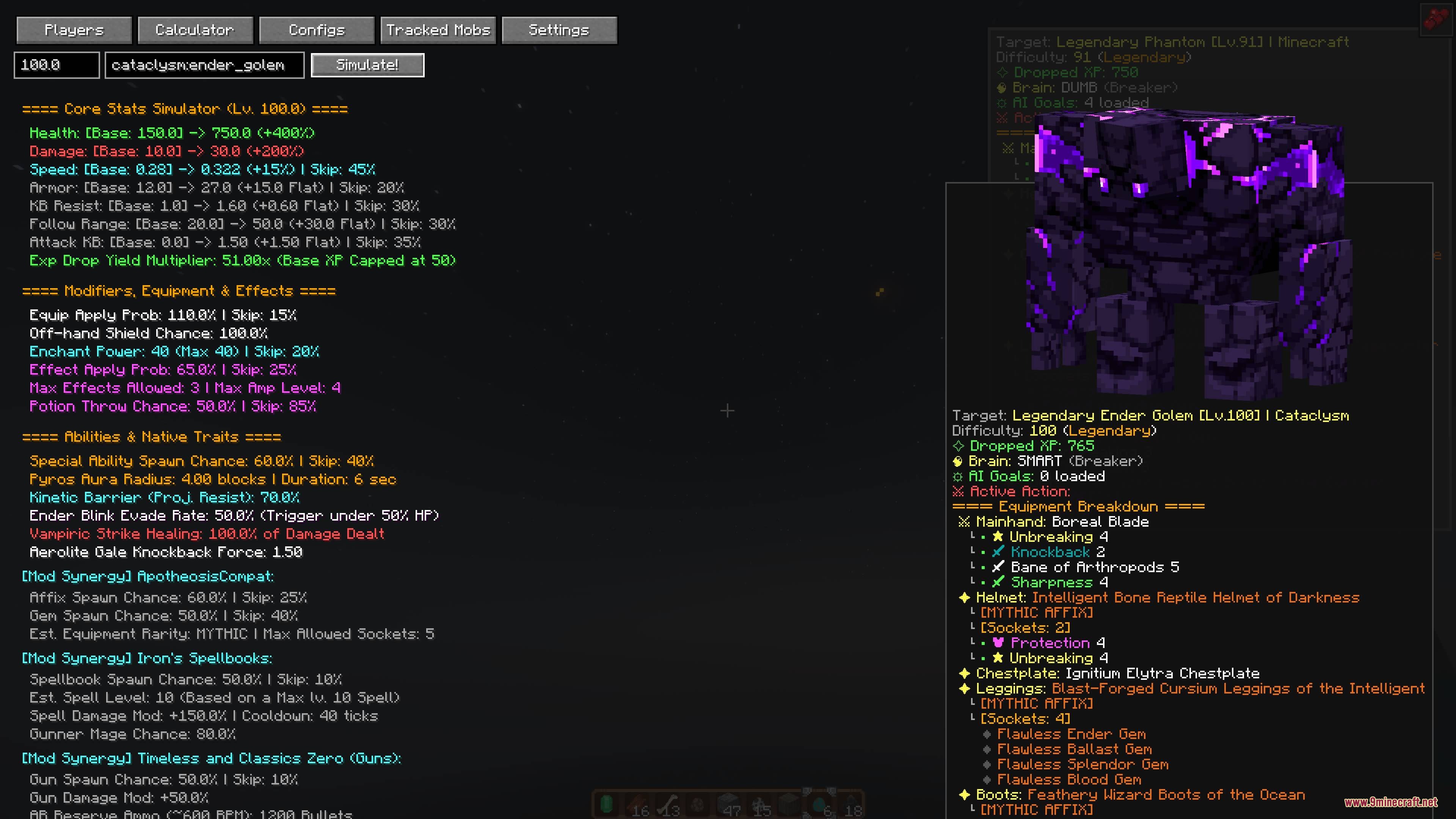 Relentless World Mod Screenshot 8 Core stats simulator showing a legendary Ender Golem with powerful equipment and attributes