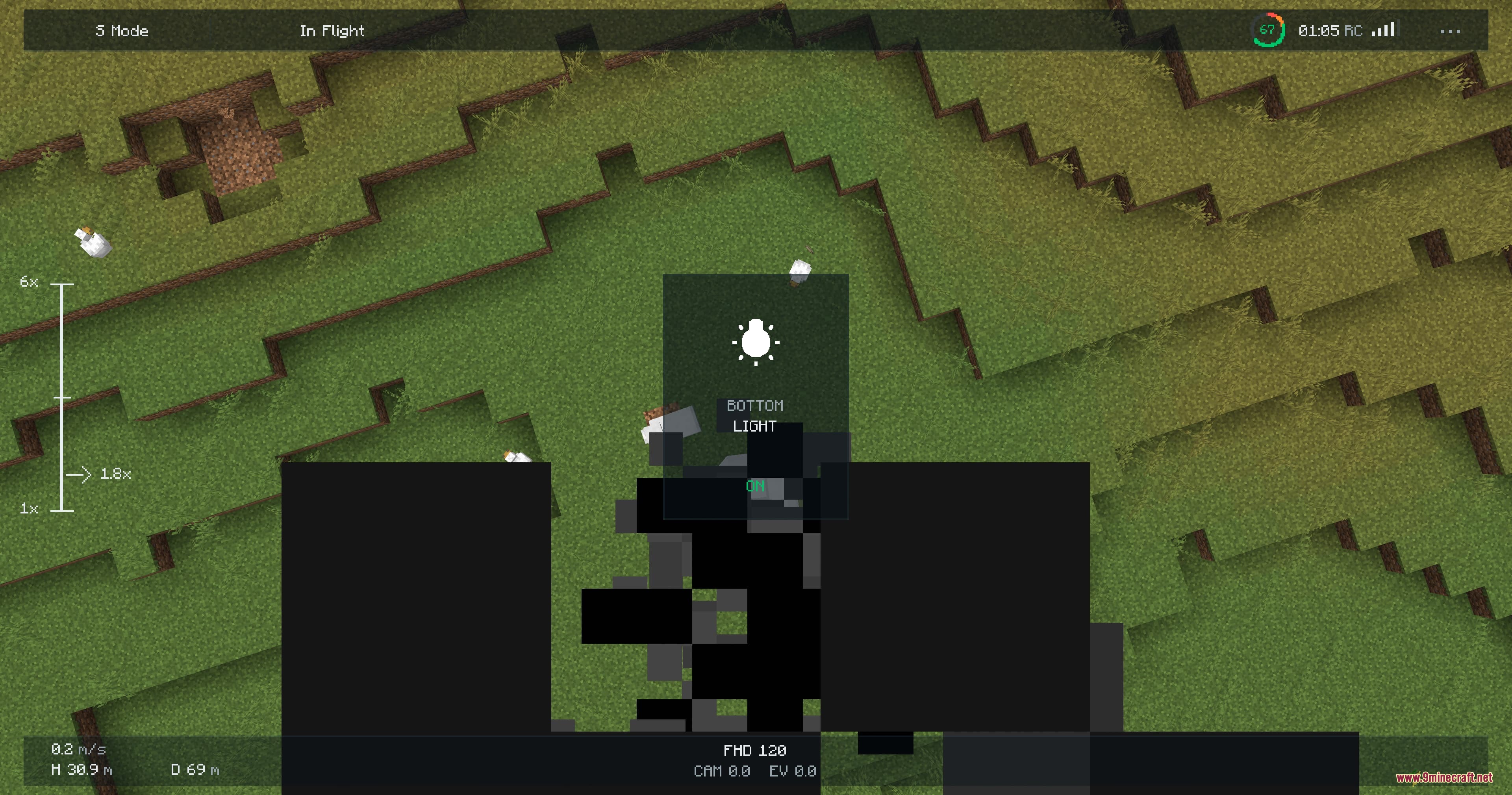 Remote Strike Protocol Mod Screenshot 1 Top-down camera view from a drone flying over a Minecraft landscape