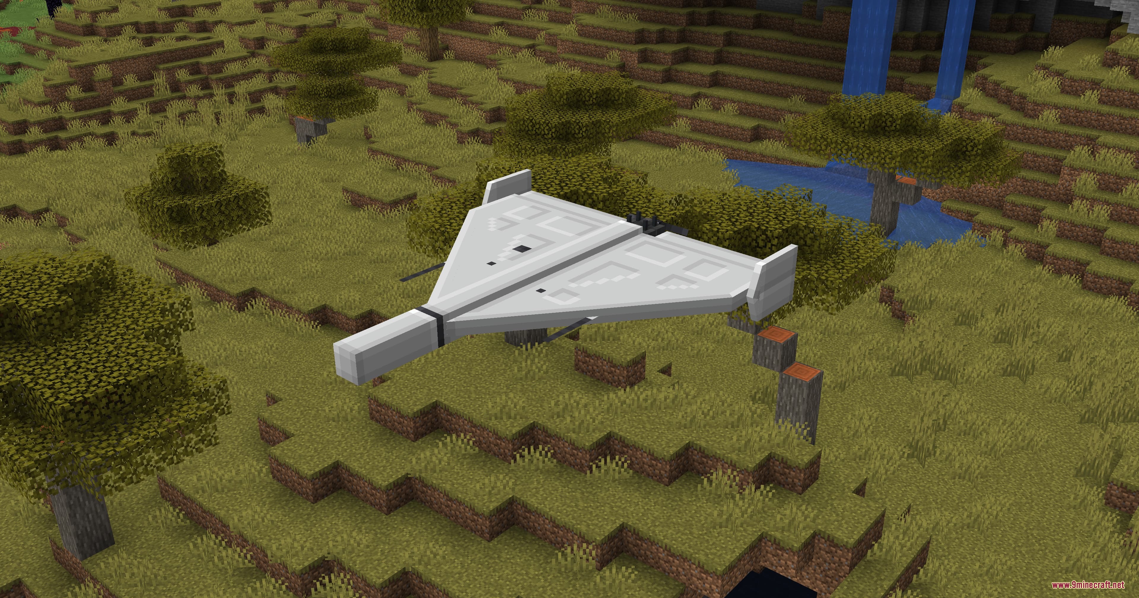 Remote Strike Protocol Mod Screenshot 2 A white combat drone flies over a savanna biome in Minecraft